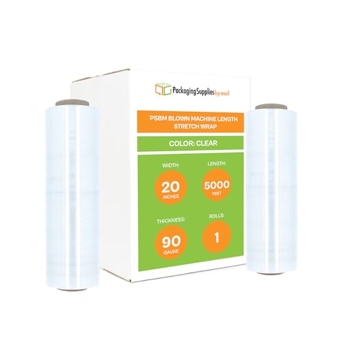 PSBM Blown Machine Stretch Wrap, 1 Roll 20 Inch x 5000 Feet 90 Gauge Heavy Duty Clear Plastic Wrap Industrial Strength Shrink Film for Moving, Packing & Shipping