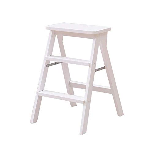 ZBSAVFM 3 Steps Wooden Ladder Stool Portable Folding Step Stool Kitchen Office Stair Chair Safety Stepladder Seats (White)
