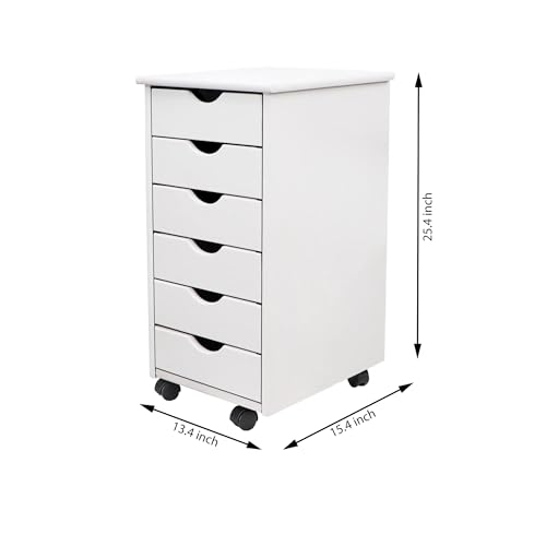Jela-USA Solid Pine Wood 6 Drawer Rolling Cart, White