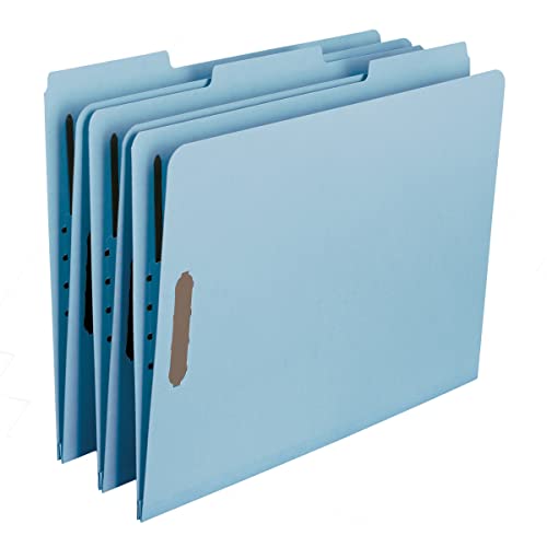 Smead 100% Recycled Pressboard Fastener File Folder, 2 Fasteners, 1/3-Cut Tab, 2" Expansion, Legal Size, Blue, 25 per Box (20001)