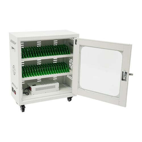 Yellulu 40-Device Charging Cabinet | Laptop Lock Box for iPad Tablet Fits 8" Screen | Mobile Storage Cart | with Cable Management and Charger Storage | for Classroom, Library, and Office (White)