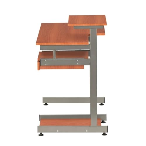 Pemberly Row Contemporary Wood/Steel Computer Desk, 38" W x 22" D x 30" H, Mahogany Finish, MDF and Steel Construction, Pull-Out Keyboard Tray, Printer and Scanner Shelves, Home Office Desk