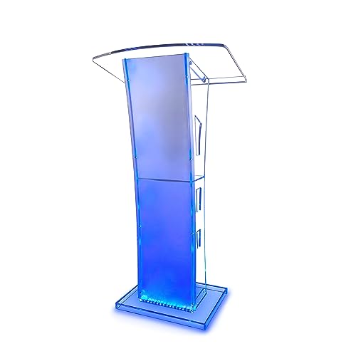 Mecpramy Acrylic Podium,Led Light Lectern Stand with Wheels,Church Pulpit for Weddings and Classrooms,23.6 * 17.7 * 43.3in,Easy to Set Up with Durable Acrylic Material, with a Shelf for Storage
