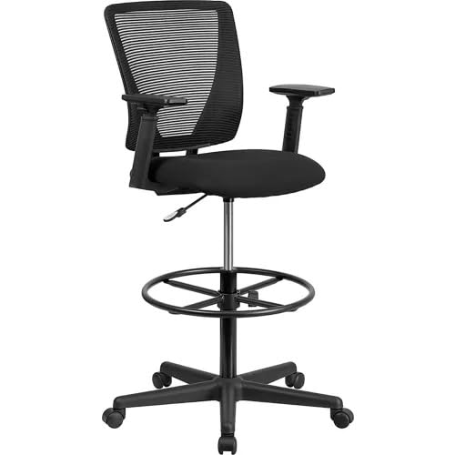 Ergonomic Mesh Drafting Stool with Adjustable Arms, Lumbar Support & Height-Control Foot Ring – Swivel Mid-Back Drafting Chair for Office or Studio, Black