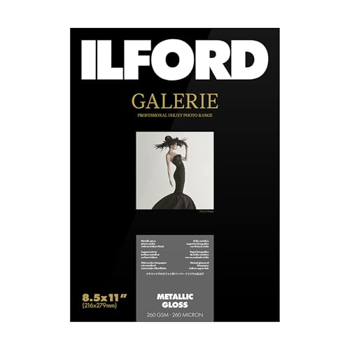 ILFORD Galerie 8.5x11” (25 Sheets) Metallic Gloss with Iridium Finish, Instant Dry Archival Photo Inkjet Paper 10.5mil / 260gsm for Dye and Pigment Ink Printers, Made in Germany