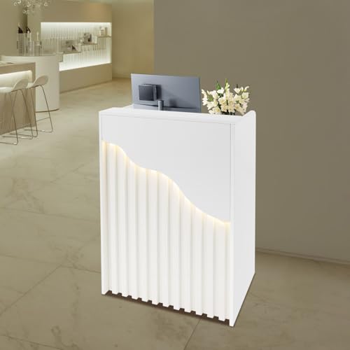 AngelcityCC Small Reception Desk with Counter LED Light, Modern Front Desk with Lockable Drawer, Retail Checkout Counter for Clothing Salon Shop Hotel