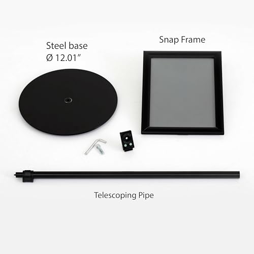 M&T Displays Pedestal Adjustable Telescoping Menuboard 1" Black Aluminum Profile Snap Poster Frame 8.5x11 inch Single Sided Document Brochure Sign Holder Front Loading Portrait Landscape-(3 Pack)
