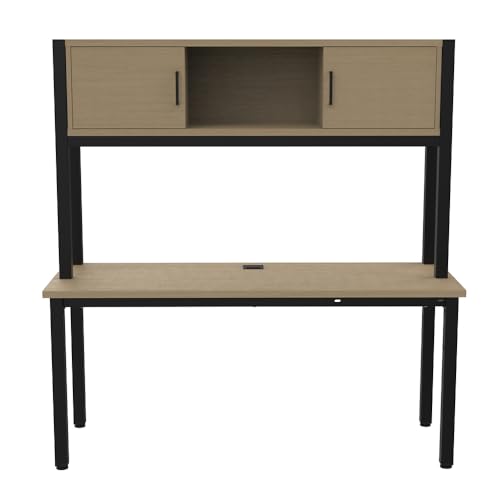 NBF Credenza Desk with Hutch - Office Storage Desk with Concealed Cabinet Shelving, Steel Cable Grommet, Laminate Top - Cortez Executive Credenza for Home, Office, 60" W x 24" D, Brown