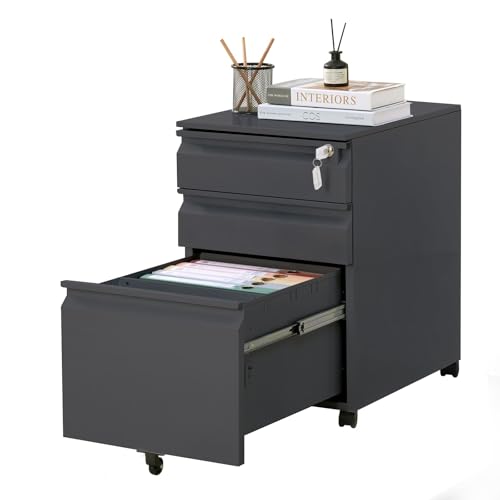 FinerFurnis 3 Drawer Mobile Filing Cabinet for Home Office Organizer with Lock and Anti-Tip Wheels, Under Desk Metal File Cabinet for Letters, Legal, and a4 Documents,Black