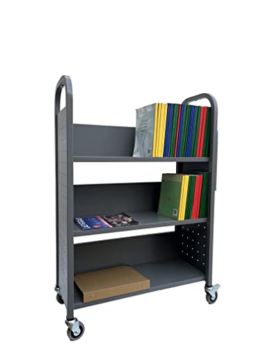 Workington Rolling Book Truck Book Cart with 3 Flat Shelves, Library Book Cart with Swivel Lockable Casters 3001 Gray