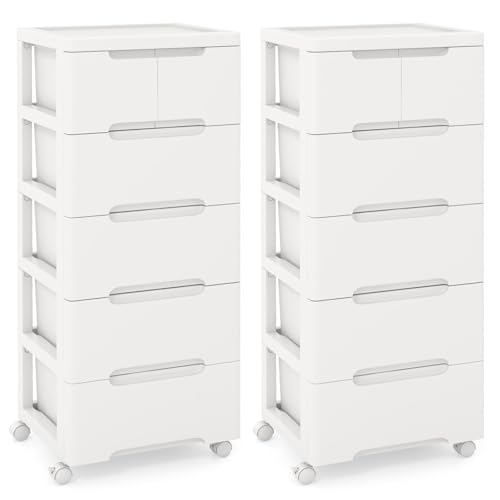 LDAILY Rolling Storage Cart with Drawers, 6 Drawers Storage Cart on Wheels Set of 2, Drawer Cart with 2 Lockable Wheels & Smooth Drawers, Plastic Rolling Cart White (16’’L x 13"W x 38’’H, 6 Drawer)