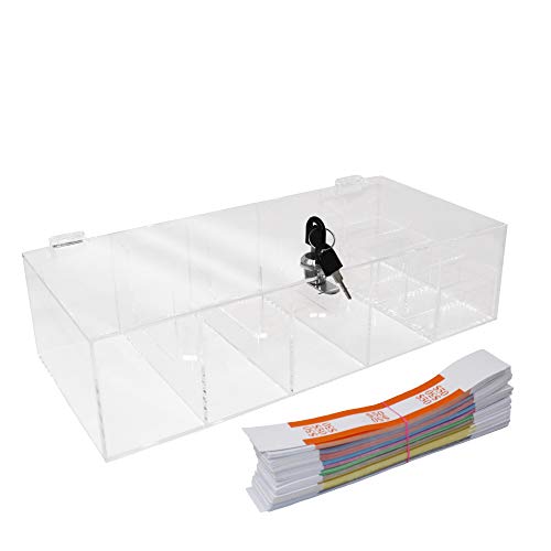Clear Locking Currency Tray, 5 Compartment Cash Organizer Money Storage Box with Lockable Cover and Coin Tray Insert, 300 Currency Wrappers Included