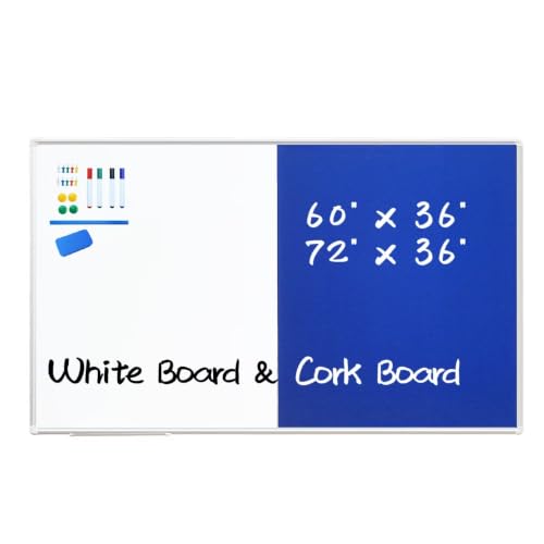 DEVELOP Large Magnetic White Board & Blue Cork Board Combo, 36 x 60 Inch (5' x 3') 2-in-1 Wall Mounted Dry Erase Board, Combination Blue Felt Bulletin Board with Marker Tray
