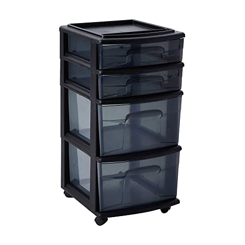 HOMZ Drawer Tower, 4-Tier Storage Cart with Removable Wheels, Black, 2 Pack