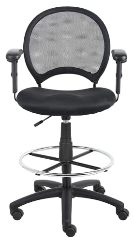 Pemberly Row Mesh Fabric Drafting Chair, Adjustable Arms, Black Finish, 45.5 in H x 27.5 in W x 27 in D, Breathable Mesh Seat, Chrome Foot Ring, Hooded Casters, Office or Studio Use