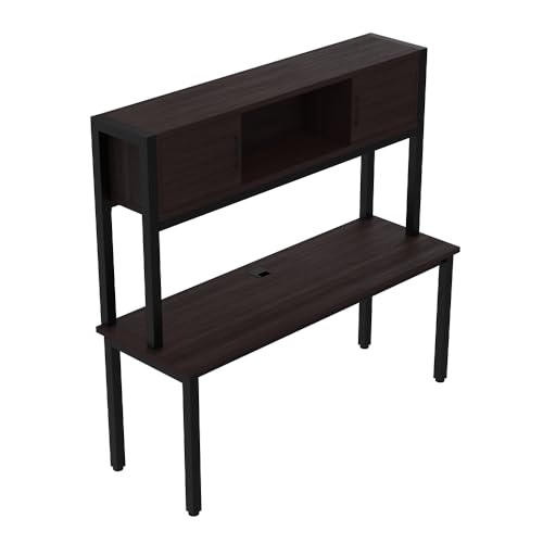 NBF Credenza Desk with Hutch - Laminate Office Desk with Concealed Storage, Steel Grommet Cable Management, Steel Legs - Cortez Work Table for Home, 72" W x 24" D, Brazilian Walnut