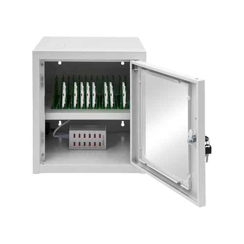 12/20-Unit Charging Cabinet for Laptops & Tablets, Locking Laptop Storage Charging Box, Cell Phone Charging Station for iPad, Tablets for Schools & Offices, Visible Window (White, 12-Unit)