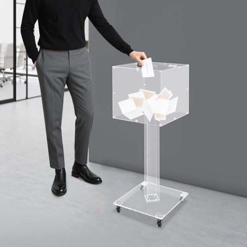 Clear Acrylic Ballot Box with Wheels, 14x14x39in Floor Standing Lockable Suggestion Box with 2 Keys, Donation Box for Church
