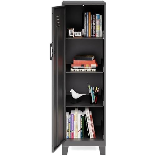 UrbanPro 53.38" H 4 Shelf Metal Storage Locker Cabinet, Black Finish, Welded Steel Construction, Hinged Door with Lock, 3" Riser Legs, Industrial Style Office, Home, Classroom, Garage Organizer