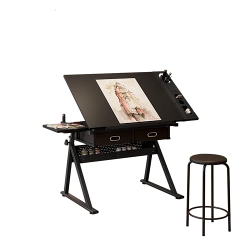 WZONICE98 Drafting Table with Stool and 2 Drawers 0-75° Tiltable Tabletop Artist Workstation for Home Office School Black Compact Art Desk for Small Spaces Adjustable Drawing Desk
