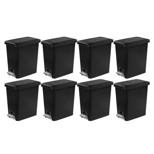 Sterilite Step On Wastebasket, Kitchen Trash Bin, Black, 2.7 Gal, 8-Pack