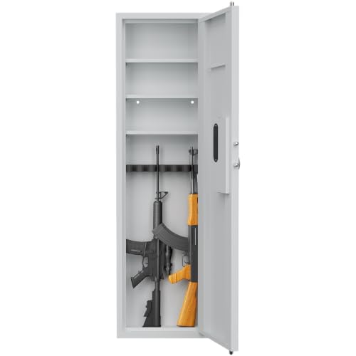 53 Inch Fingerprint In‑Wall Safe, Hidden Wall Gun Safe for Rifles, Heavy‑Duty Steel Wall‑Mounted Safe with Adjustable Shelves, Security Storage Cabinet for Firearms and Valuables, White