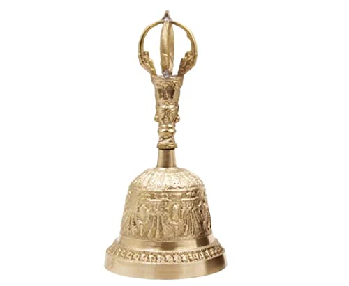 ALZBNDEOH Hand Bell Extra Loud Solid Brass Call Bell， Luxury Table Decoration Dinner Bell, Corporate Rewards Vintage Engraving Pattern Handheld Bell(OneColor,Large)