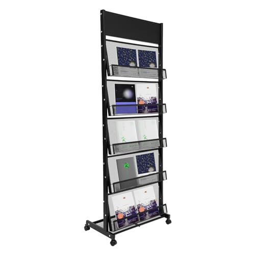5 Tiers Freestanding Magazine Rack Iron Brochure Display Stand on Wheels