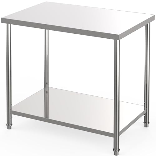 Festisoul 36x24 Inch Stainless Steel Work Table for Kitchen Commercial Use, 0.7mm 201 SS Right Angle Edge Utility Table with Fixed Legs, 35" Height Silver Workbench for Prep, Garage, Workshop