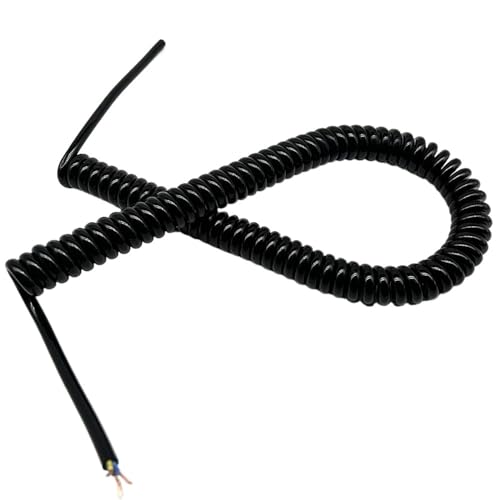 Coiled Mains Flex 3 Core Spring Cable 2.5M 5M 7.5M OD 6mm 9mm