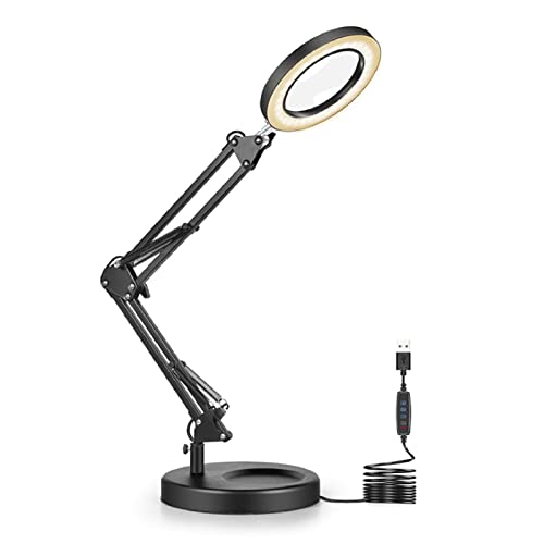 2-in-1 LED Magnifying Lamp, Magnifying Glass with Light and Stand, 2.25X Magnifier with 3-Color Mode & Heavy Base, for Reading Hobbies Crafts Workbench Double The Comfort