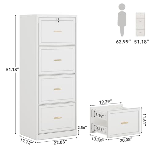 LITTLE TREE 4-Drawer File Cabinet with Lock, Large Vertical Storage Cabinet, Secure Space-Saver for Home Office, Compatible with A4/F4/Letter/Files, Filing Cabinets for Home Office (White, MDF)