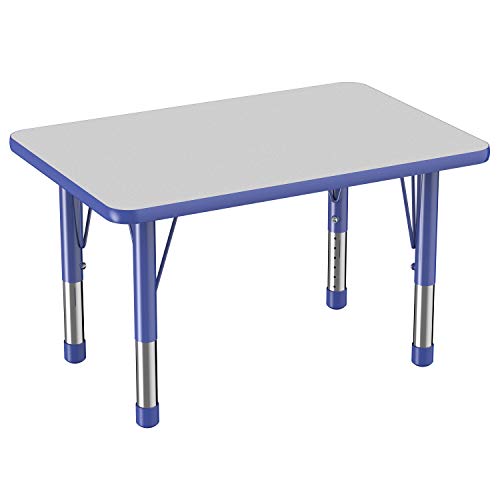 FDP Rectangle Activity School and Classroom Kids Table (24 x 36 inch), Chunky Toddler Leg, Adjustable Height 15-24 inches - Gray Top and Blue Edge
