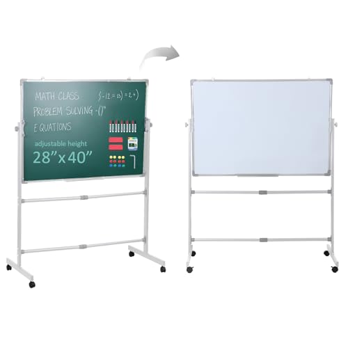 Mobile Rolling Double Sided Magnetic Whiteboard Easel on Wheels, Height Adjustable Steel Frame Dry Erase & Chalk Board with Lockable Casters, Accessory Kit for Office Classroom Home Teacher Supplies