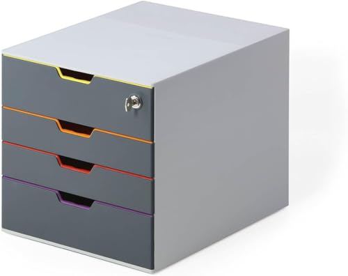 Durable Varicolor Drawer Organizer, 4 Lockable Color Coded Drawers, Gray