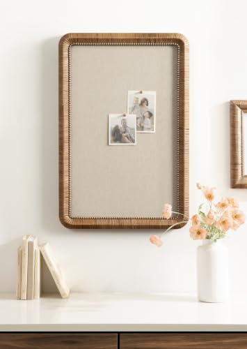 Kate and Laurel Rahfy Modern Beaded Rattan Framed Wall Pinboard, 20 x 30, Dark Natural Wood, Boho Rounded Rectangle Bulletin Board for Use as Dorm Room Decor or Vision Board