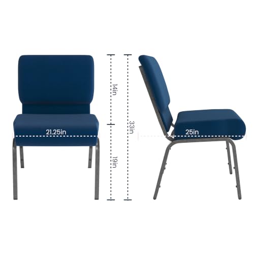 BizChair 21"W Stacking Church Chair in Navy Blue Fabric - Silver Vein Frame