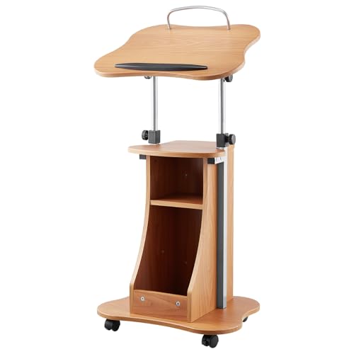 VEVOR Podium Stand, 43-Inch Wooden Lectern, Portable Laptop Desk with Lockable Wheels, Wide Reading Surface and Open Storage Area, Adjustable Height and Angle, for Speeches, Lectures, or Presentations