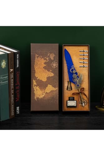 Vintage Feather Quill Pen and Ink Set Navy Blue Refined Writing Experience