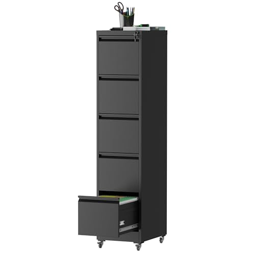 FOSTOKO File Cabinet with Wheels, 5 Drawer Metal File Cabinet, Black