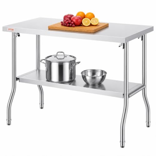 VEVOR Stainless Steel Foldable Work Table, 48 * 24 Inch Heavy Duty Food Outdoor Double Layer Stainless Steel Worktable for Commercial Kitchen Restaurant