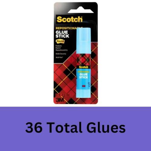 Scotch Restickable Glue Stick – 36-Pack, 0.49 oz Each, Repositionable Adhesive for Paper Crafts, Scrapbooking, and School Projects, Acid-Free, Non-Toxic