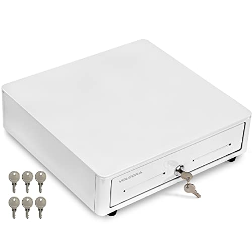 Volcora Cash Register Drawer for (POS) Point of Sale System with Round Corner 13", Removable Coin Tray, 4 Bill/5 Coin, 12-24V, RJ11/RJ12 Key-Lock, Media Slot,Cash Till for Businesses, White