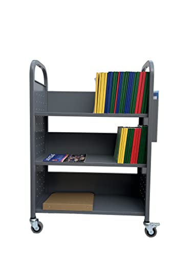 Workington Rolling Book Truck Book Cart with 3 Flat Shelves, Library Book Cart with Swivel Lockable Casters 3001 Gray