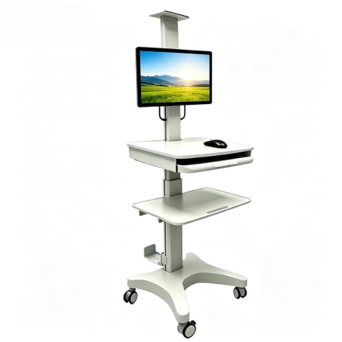INTBUYING Rolling Mobile Workstation Computer Cart Sit Stand with Wheels and Drawers Height Angle Adjustable 22LB Load for 17‑32 in Monitor Laptop