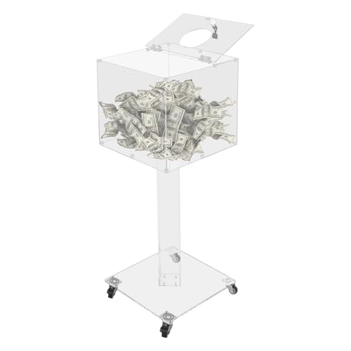 Clear Acrylic Ballot Box with Wheels, 14x14x39in Floor Standing Lockable Suggestion Box with 2 Keys, Donation Box for Church