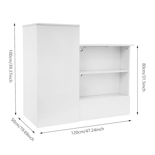 Reception Desk, 47" Front Desk Retail Checkout Counter Reception Room Table with Lockable Drawers & Storage Cabinet, Lighted Display Shelves & Hidden Cable Management for Office Salon (White)