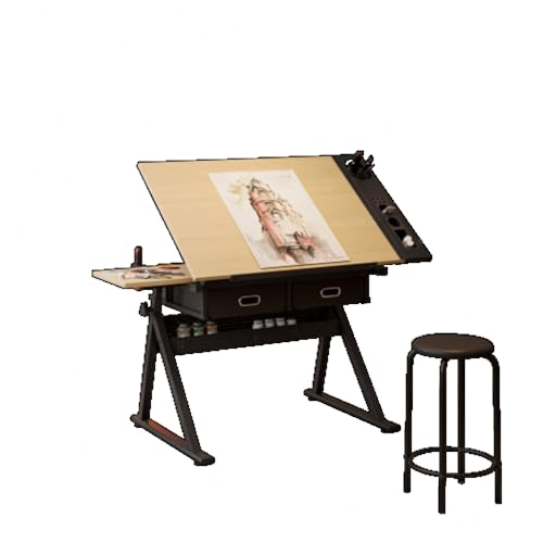 Daklpiw Height Adjustable Drafting Table Drawing Table Artist Desk Tilting Tabletop Art Craft Desk Watercolor Paintings Sketching Work Station w/2 Storage Drawers and Stool for Home Office (Maple)