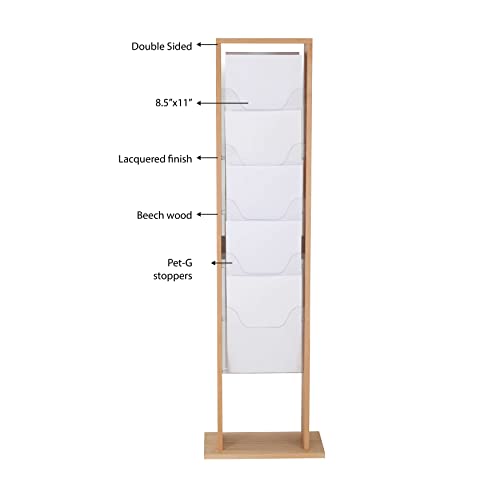 M&T Displays Natural Wood Magazine Brochure Rack Double Sided Floor Standing Wooden Leaflet Literature Catalog Holder Stand with Durable 10 Clear PET G Pocket One Side 5x(8.5x11) Inch for Indoor