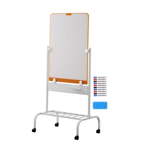 TRUNXUCL Standing Whiteboard Rolling Dry Erase Board on Wheels Magnetic White Board, Adjustable Height(Orange,80x120cm/31.5x47in)